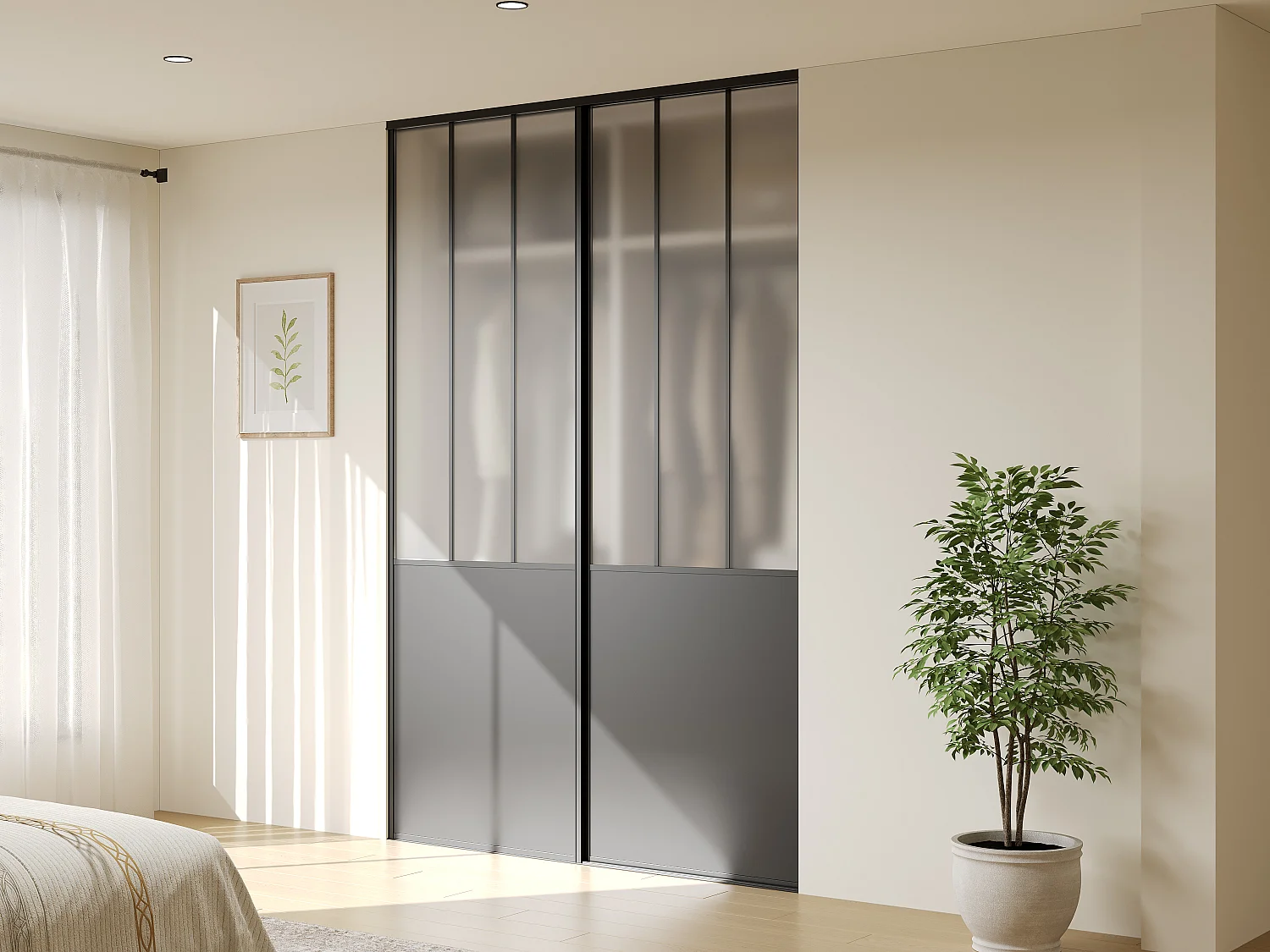 Portes de placard coulissantes en acier - Noir et verre trempé dépoli - H250 x L150 cm - BELASI