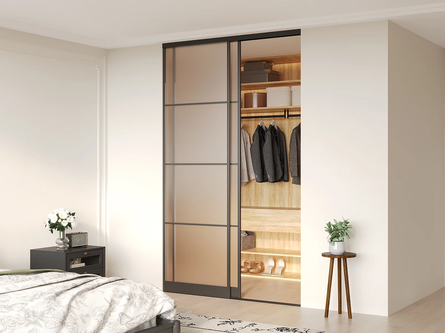 Portes de placard coulissantes en acier - Noir et verre trempé dépoli - H250 x L150 cm - ATERMA
