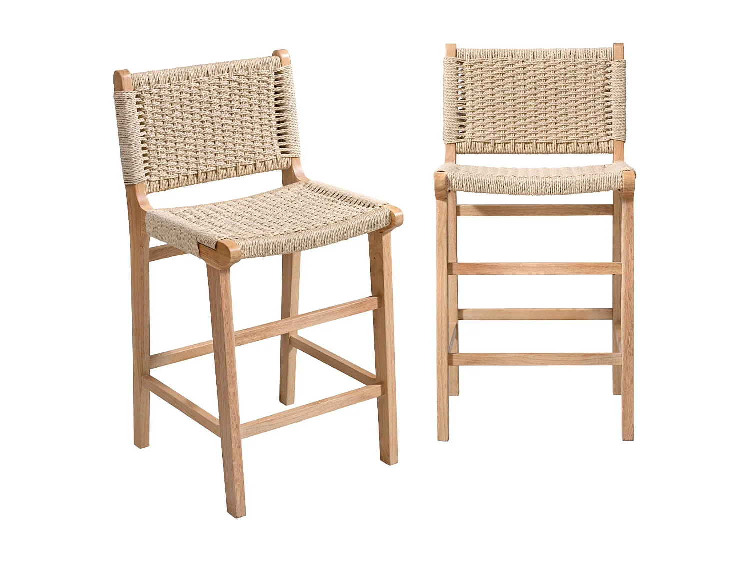 Taburete de bar de madera de hevea y asiento de cuerdas, set de 2