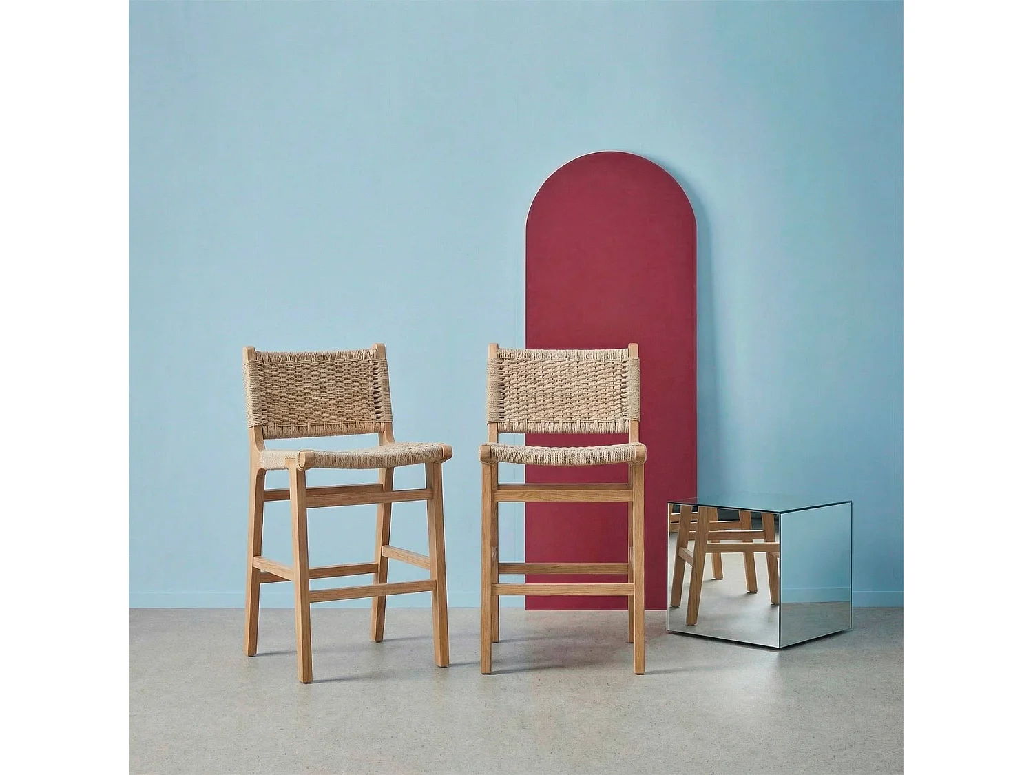 Taburete de bar de madera de hevea y asiento de cuerdas, set de 2