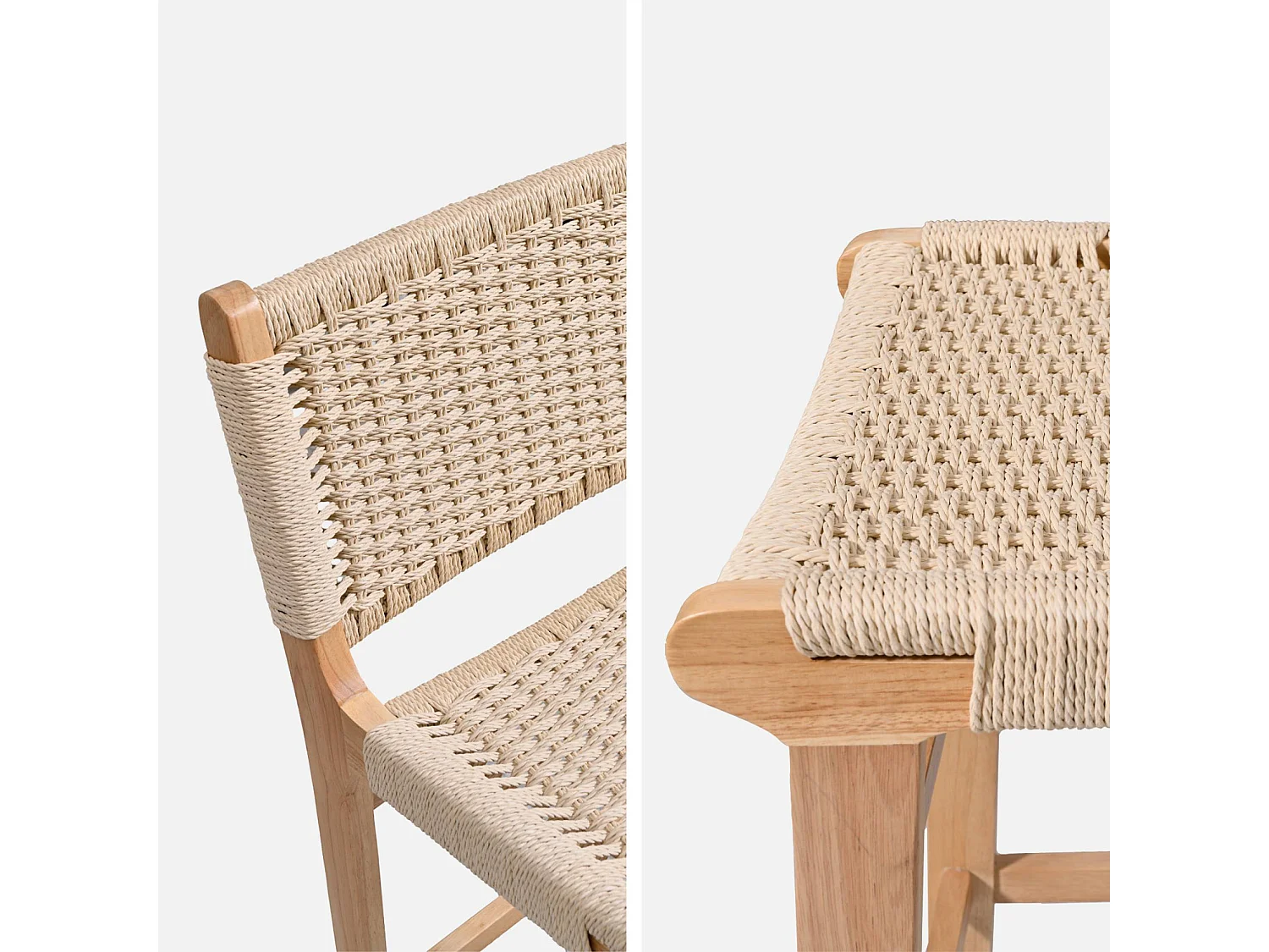 Taburete de bar de madera de hevea y asiento de cuerdas, set de 2