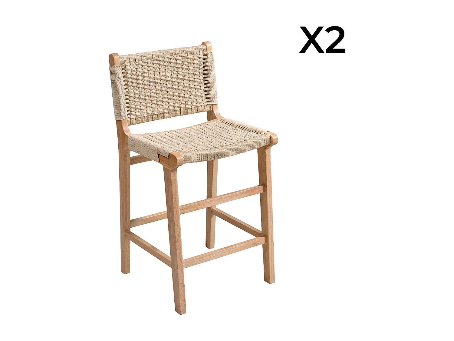 Taburete de bar de madera de hevea y asiento de cuerdas, set de 2