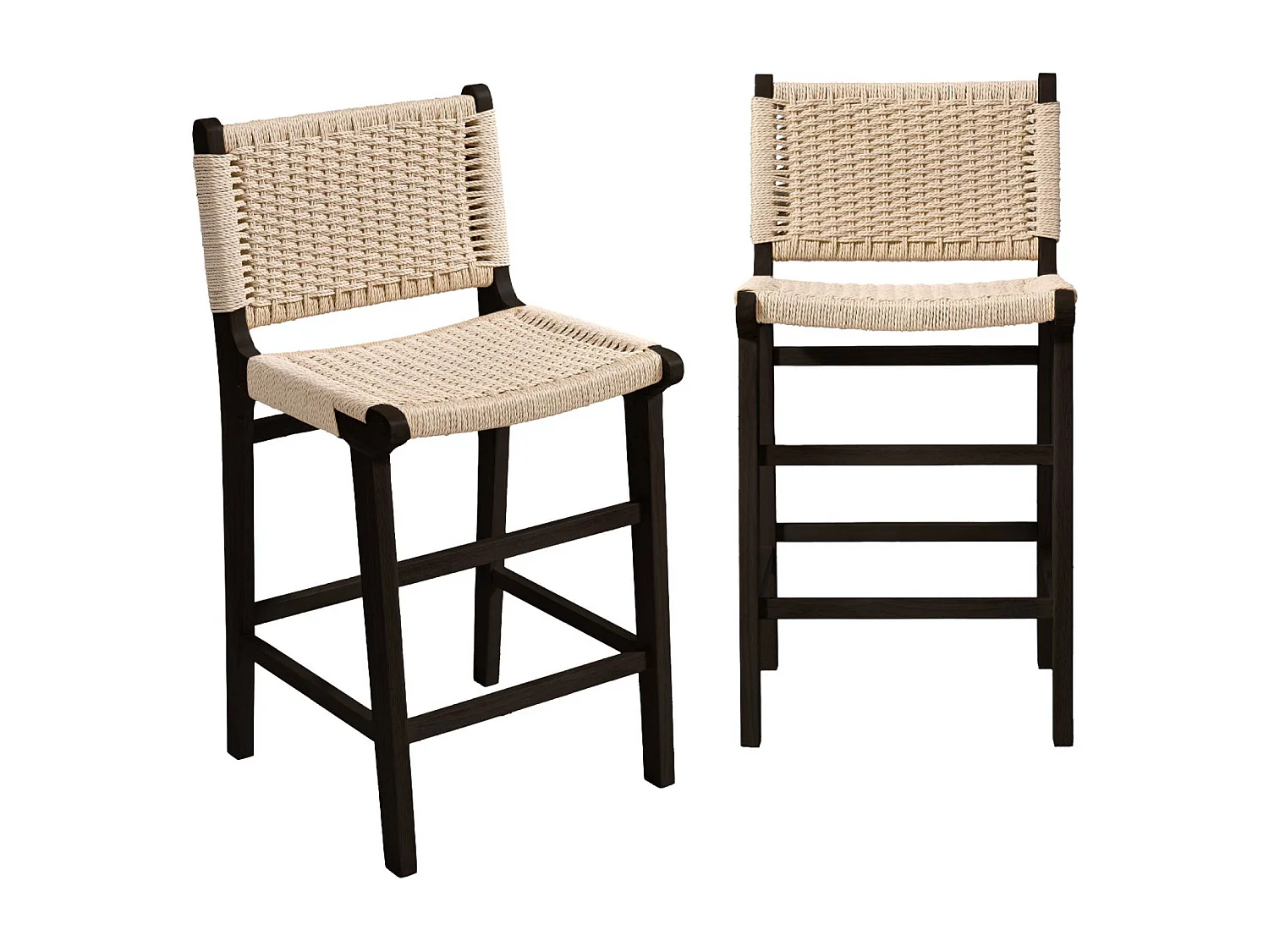 Lot de 2 tabourets de bar en bois d'hévéa noir et assise en cordes beiges
