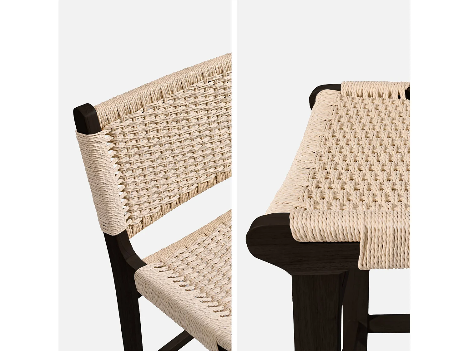 Lot de 2 tabourets de bar en bois d'hévéa noir et assise en cordes beiges