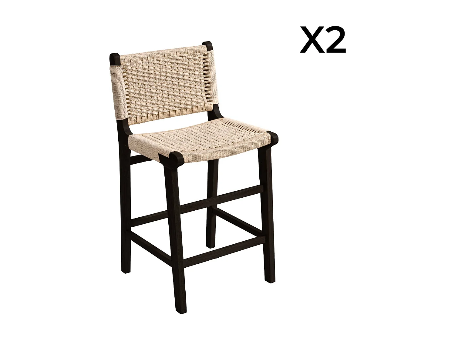 Lot de 2 tabourets de bar en bois d'hévéa noir et assise en cordes beiges
