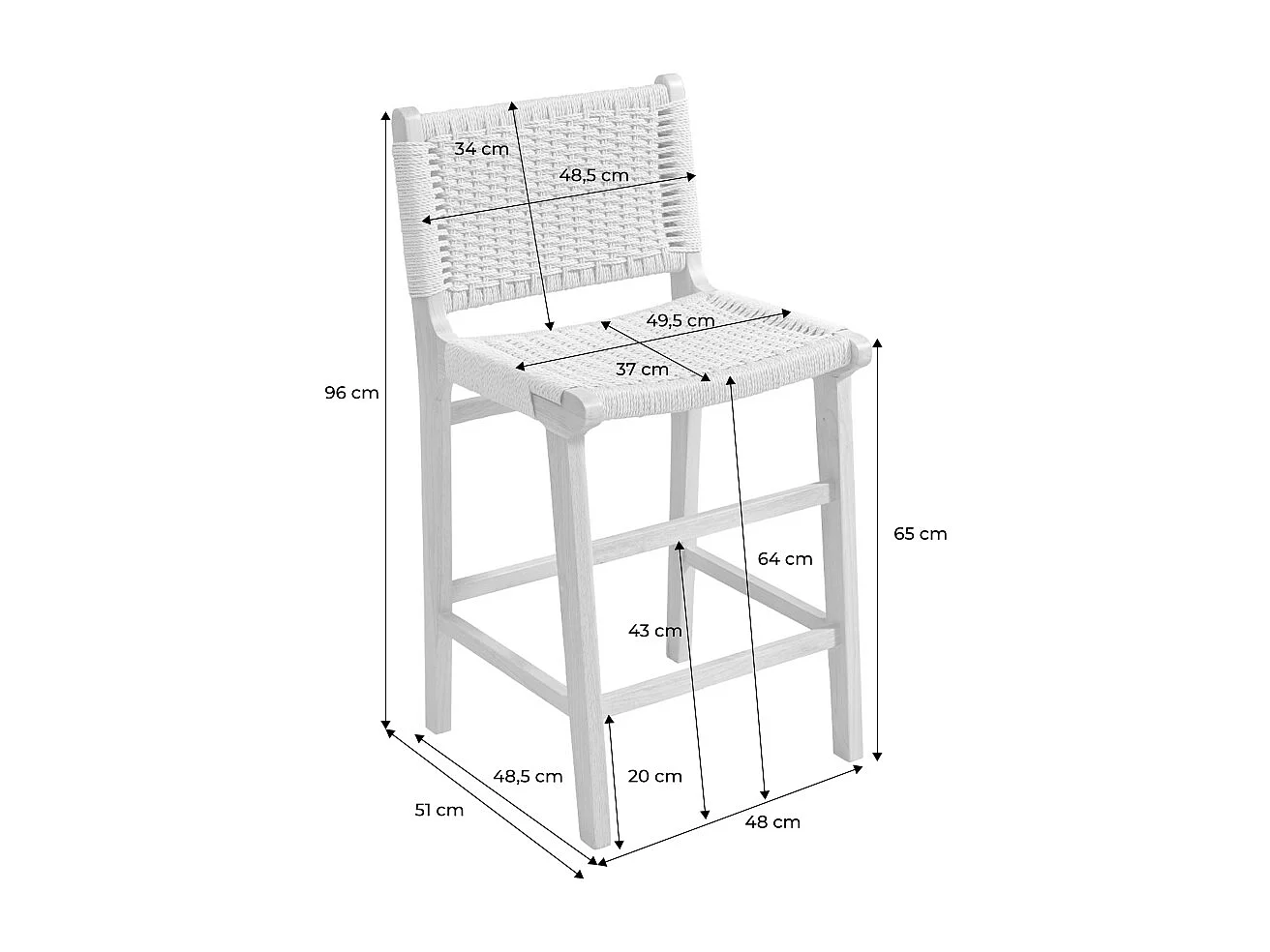 Lot de 2 tabourets de bar en bois d'hévéa noir et assise en cordes beiges