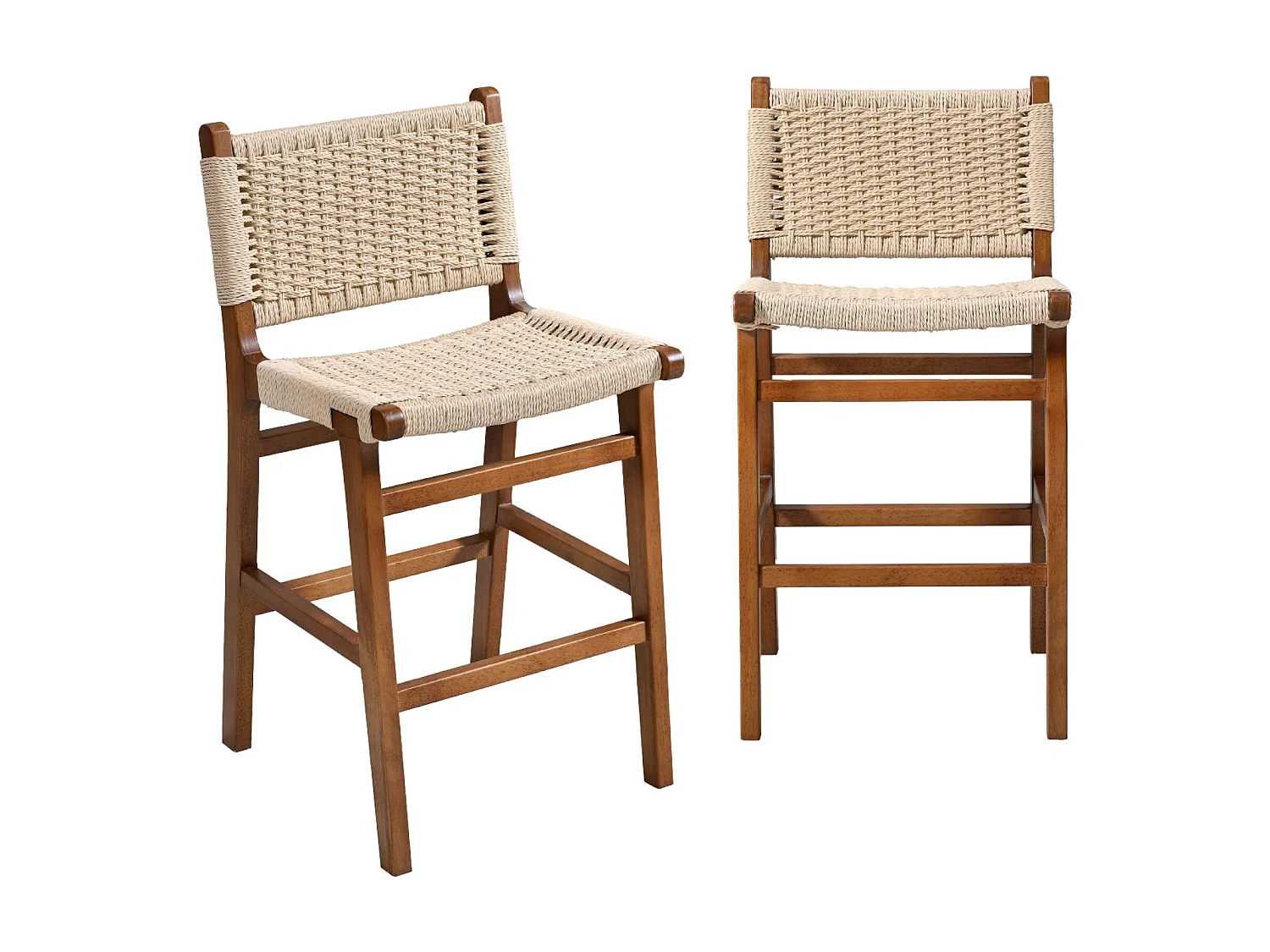 Lot de 2 tabourets de bar en bois d'hévéa effet noyer et assise en cordes beiges