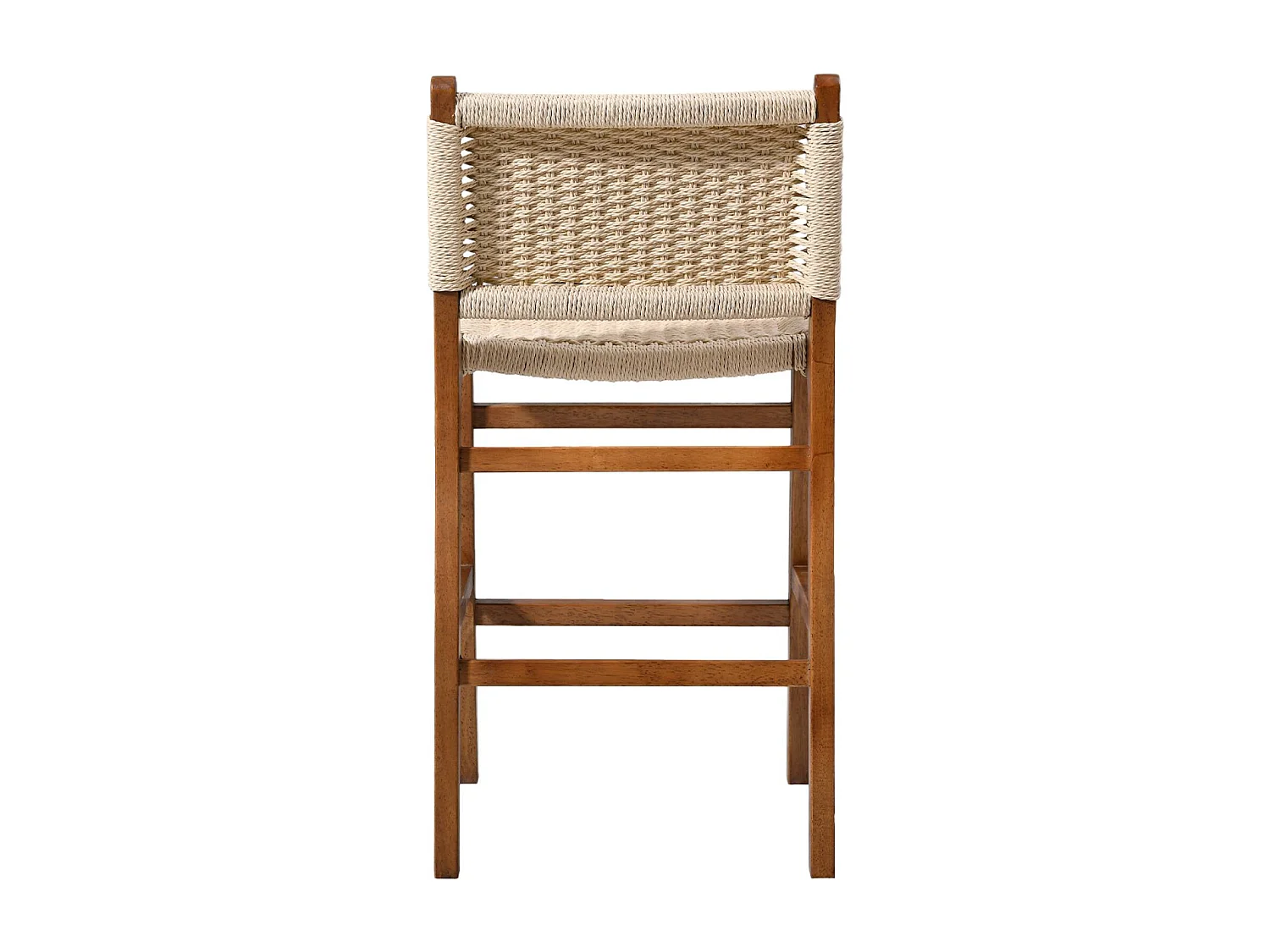 Lot de 2 tabourets de bar en bois d'hévéa effet noyer et assise en cordes beiges