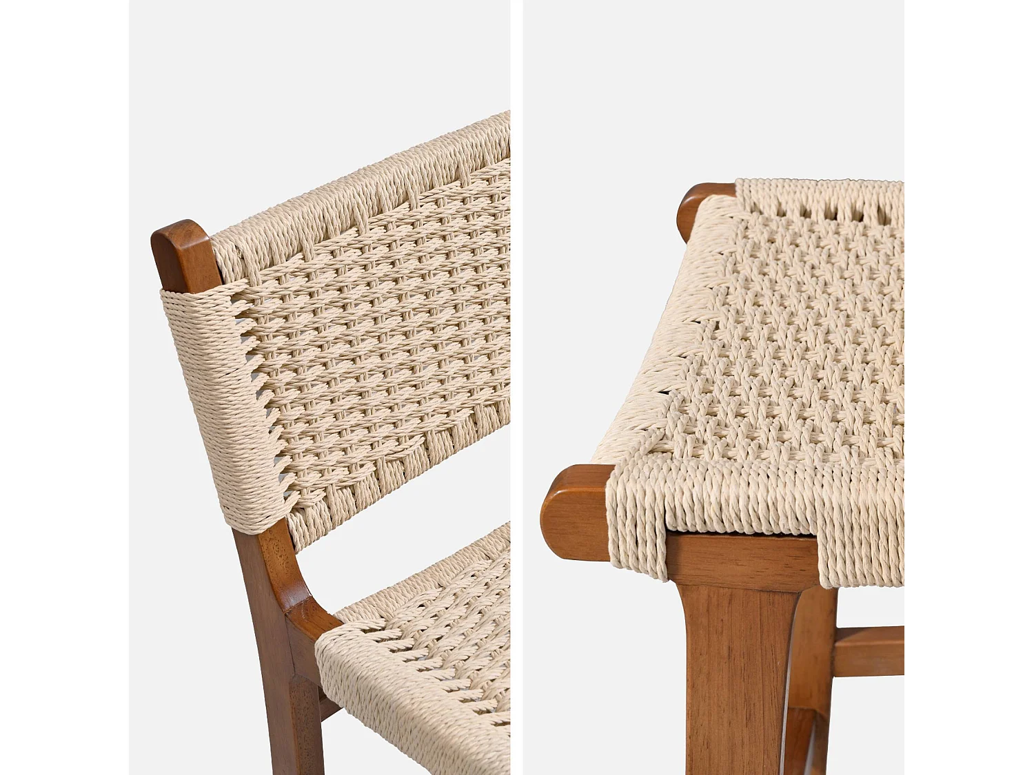 Lot de 2 tabourets de bar en bois d'hévéa effet noyer et assise en cordes beiges
