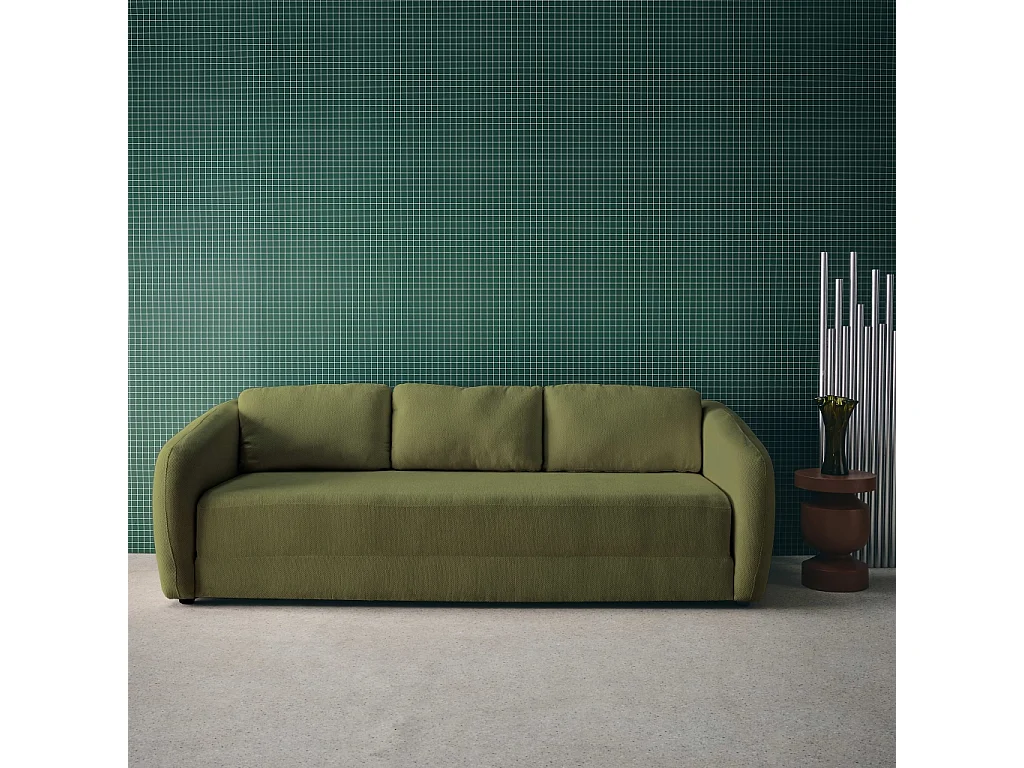 Divano letto in tessuto ciniglia, 3 posti, verde kaki