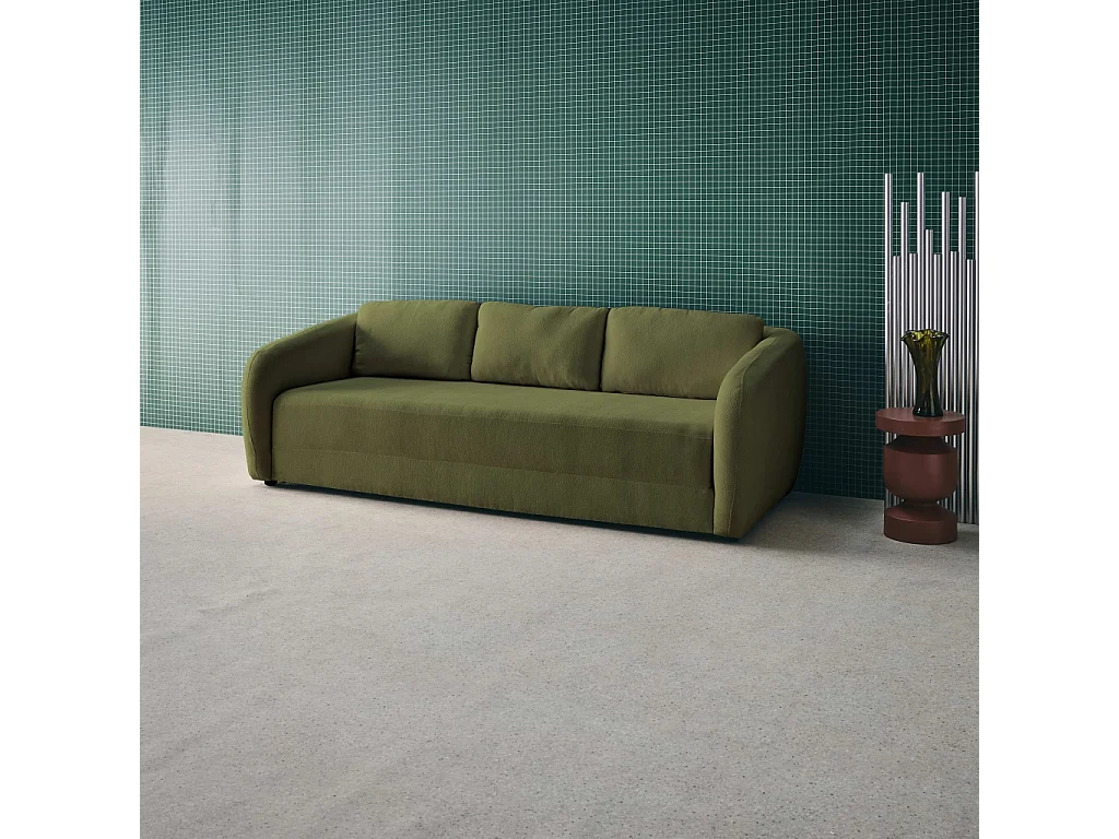 Divano letto in tessuto ciniglia, 3 posti, verde kaki