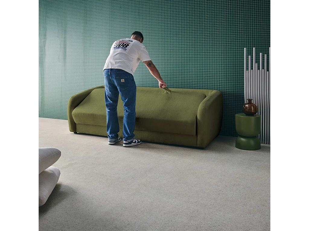 Divano letto in tessuto ciniglia, 3 posti, verde kaki