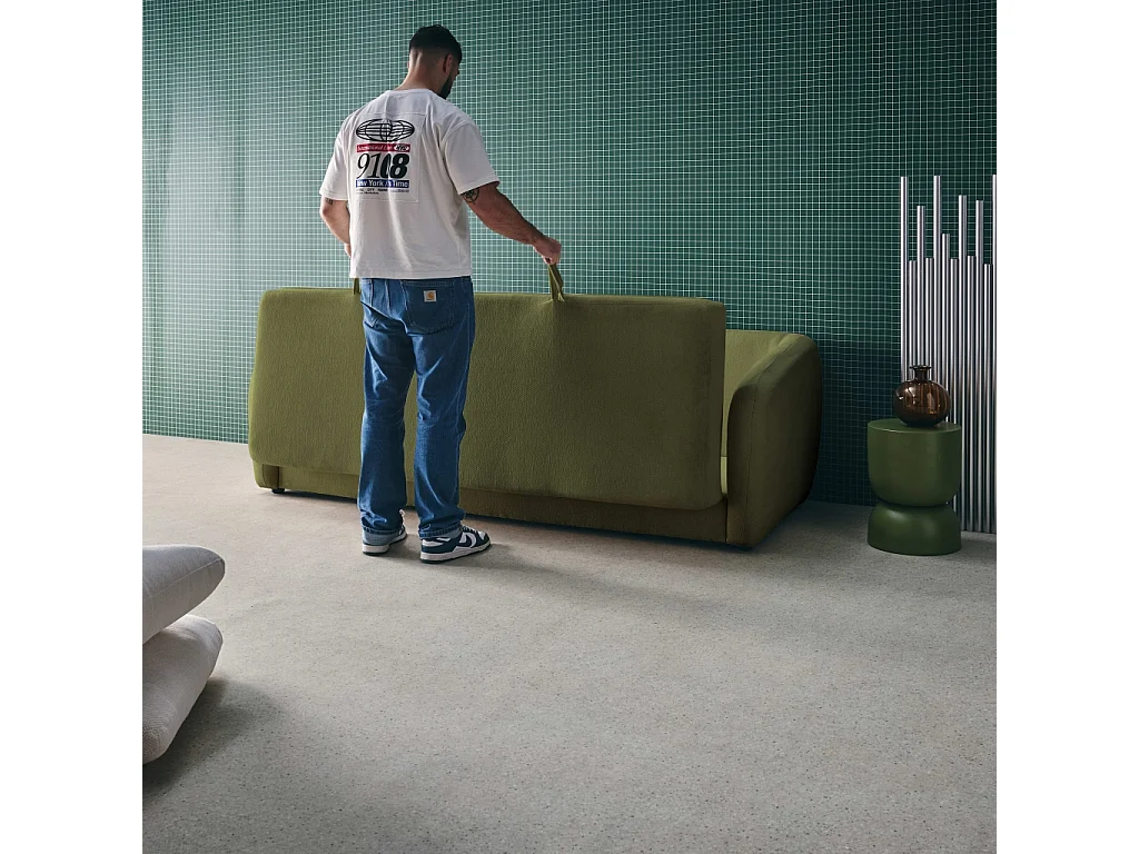 Divano letto in tessuto ciniglia, 3 posti, verde kaki