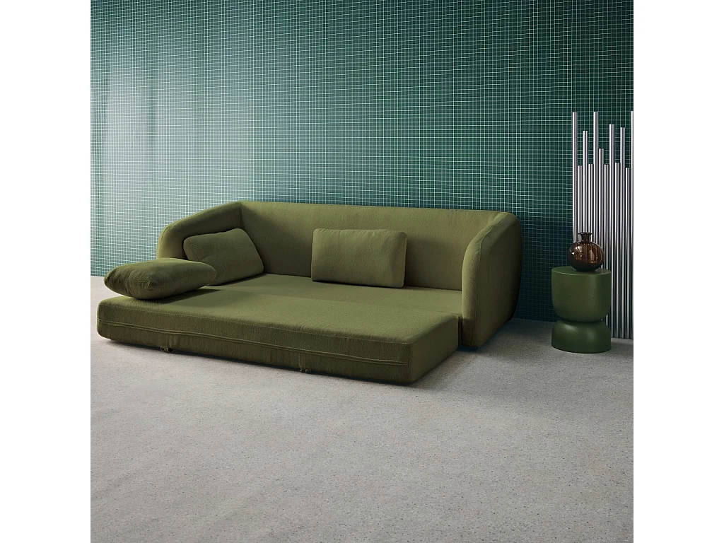 Divano letto in tessuto ciniglia, 3 posti, verde kaki