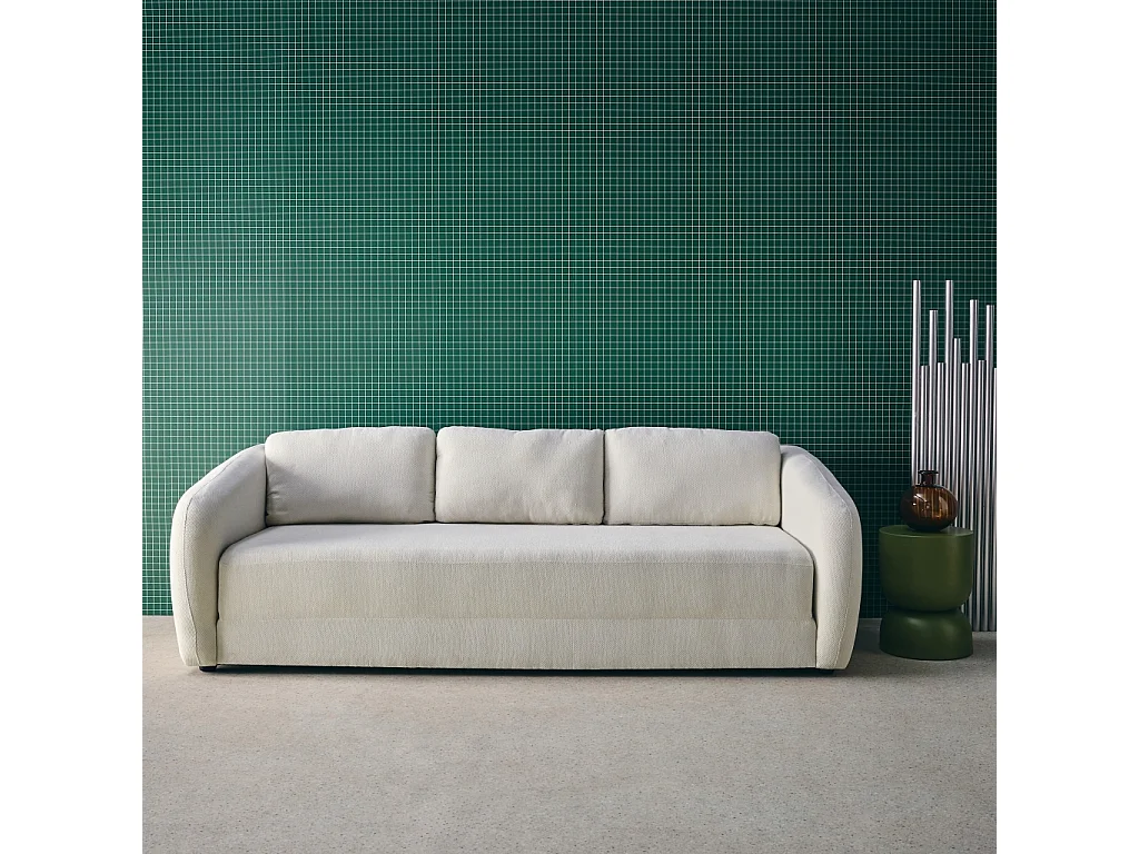 Divano letto in tessuto ciniglia, 3 posti, bianco