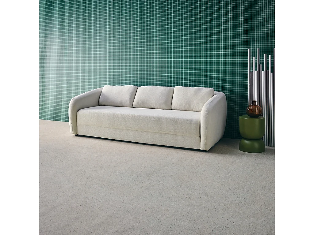 Divano letto in tessuto ciniglia, 3 posti, bianco