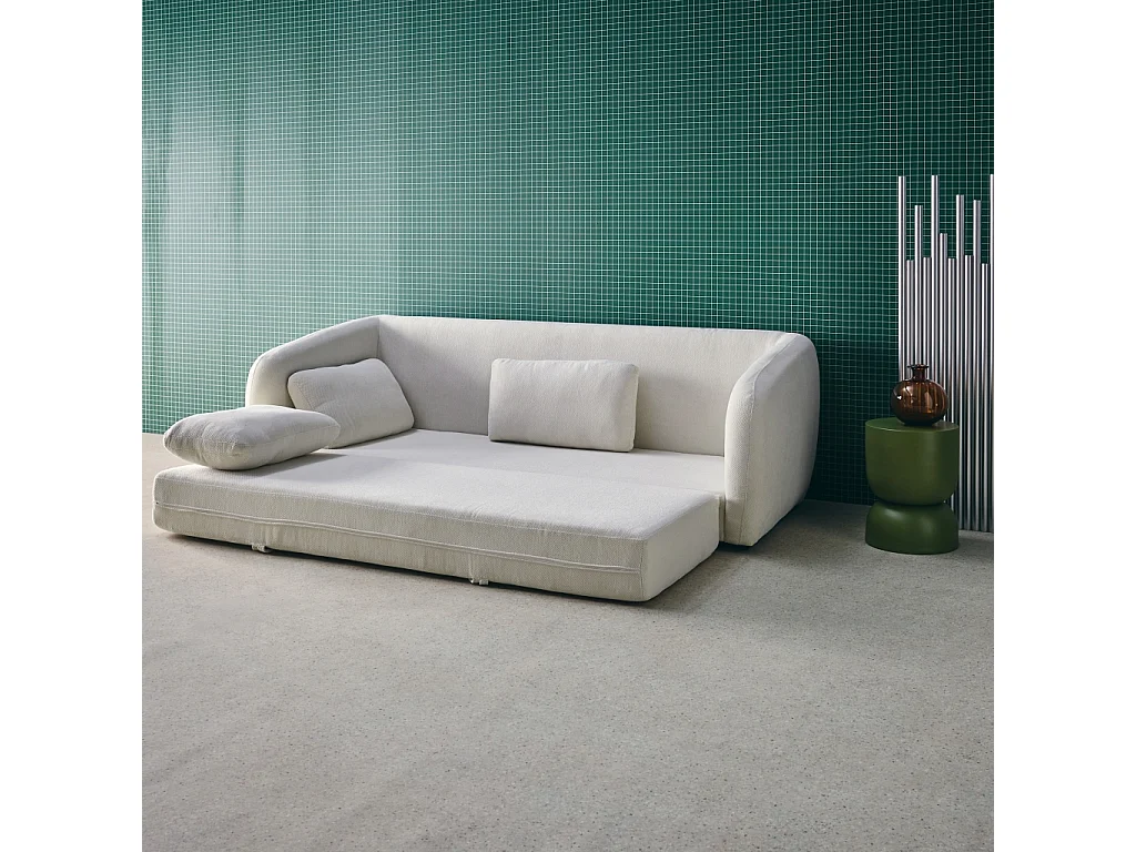 Divano letto in tessuto ciniglia, 3 posti, bianco