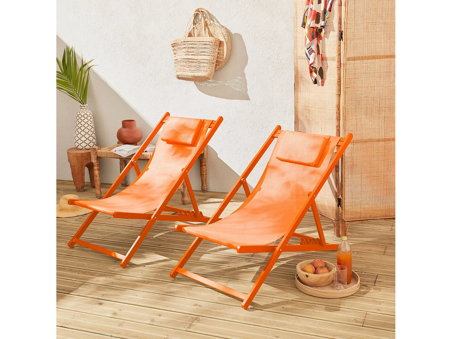 Lot de 2 bains de soleil - Gaia orange - Transat en aluminium gris anthracite et textilene orange avec coussin repose tête. chilienne