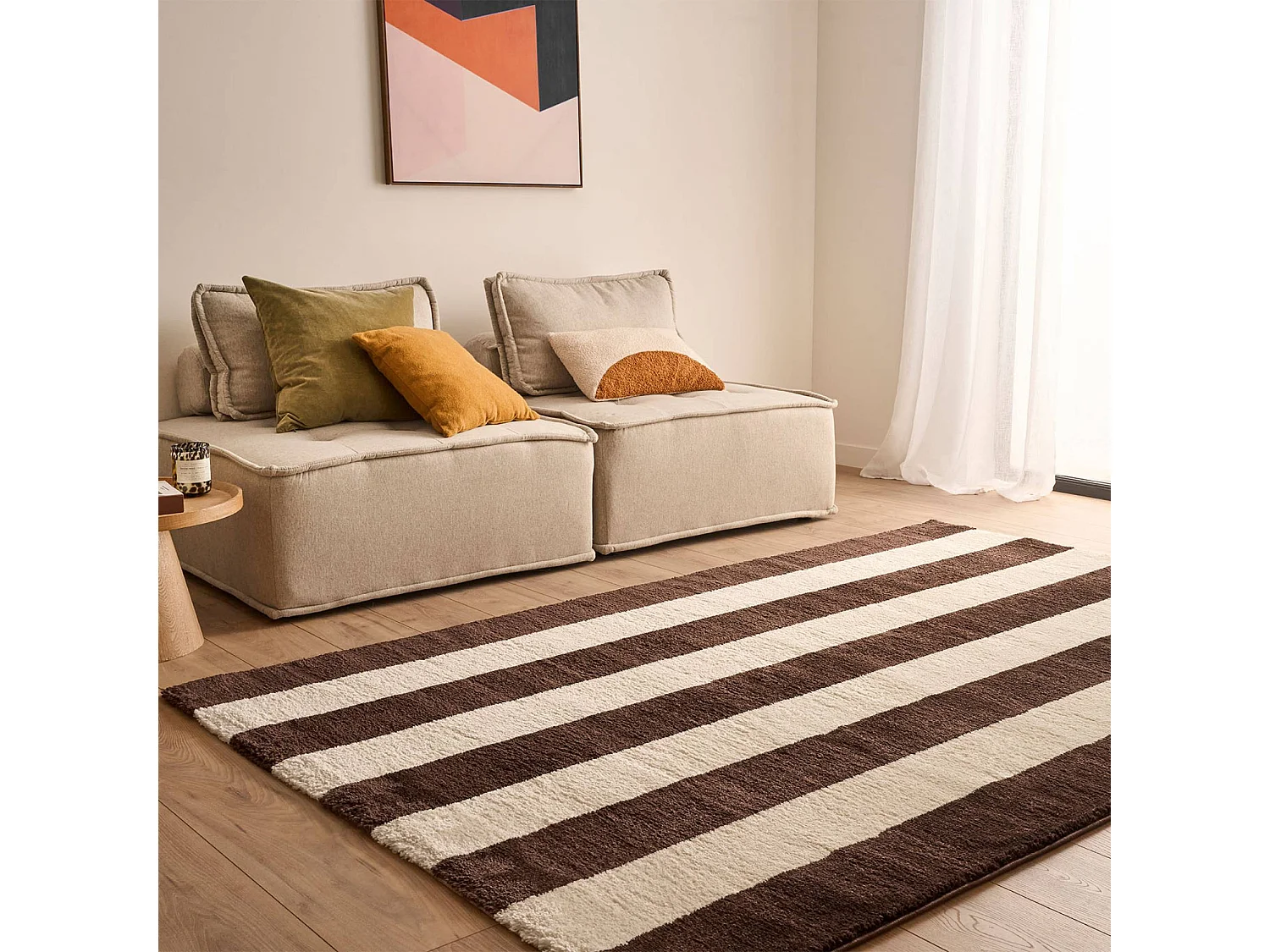 Tapis intérieur rayures marron et blanc 80x140cm - Pablo