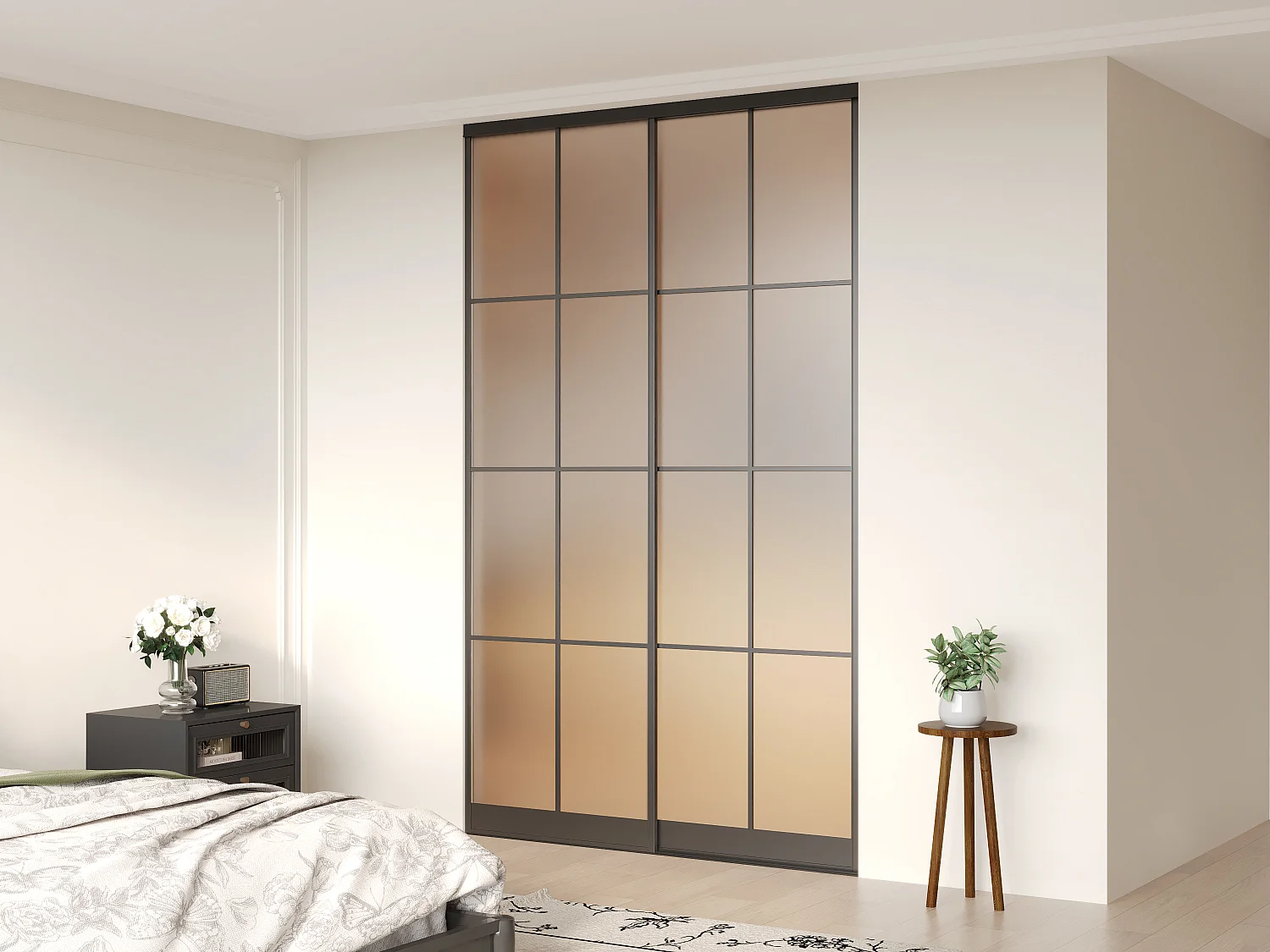 Portes de placard coulissantes en acier - Noir et verre trempé dépoli - H250 x L150 cm - ALEPA