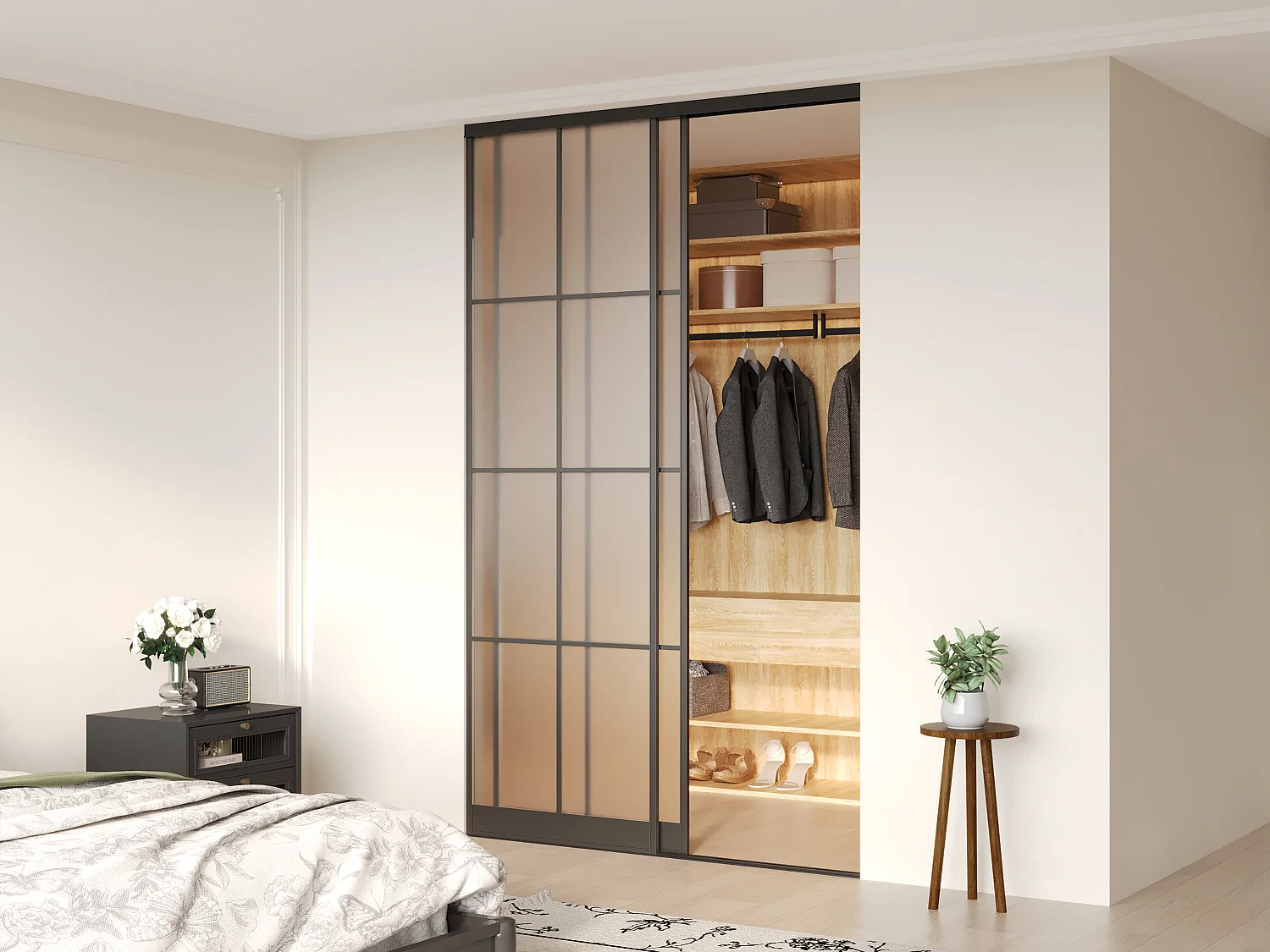 Portes de placard coulissantes en acier - Noir et verre trempé dépoli - H250 x L150 cm - ALEPA