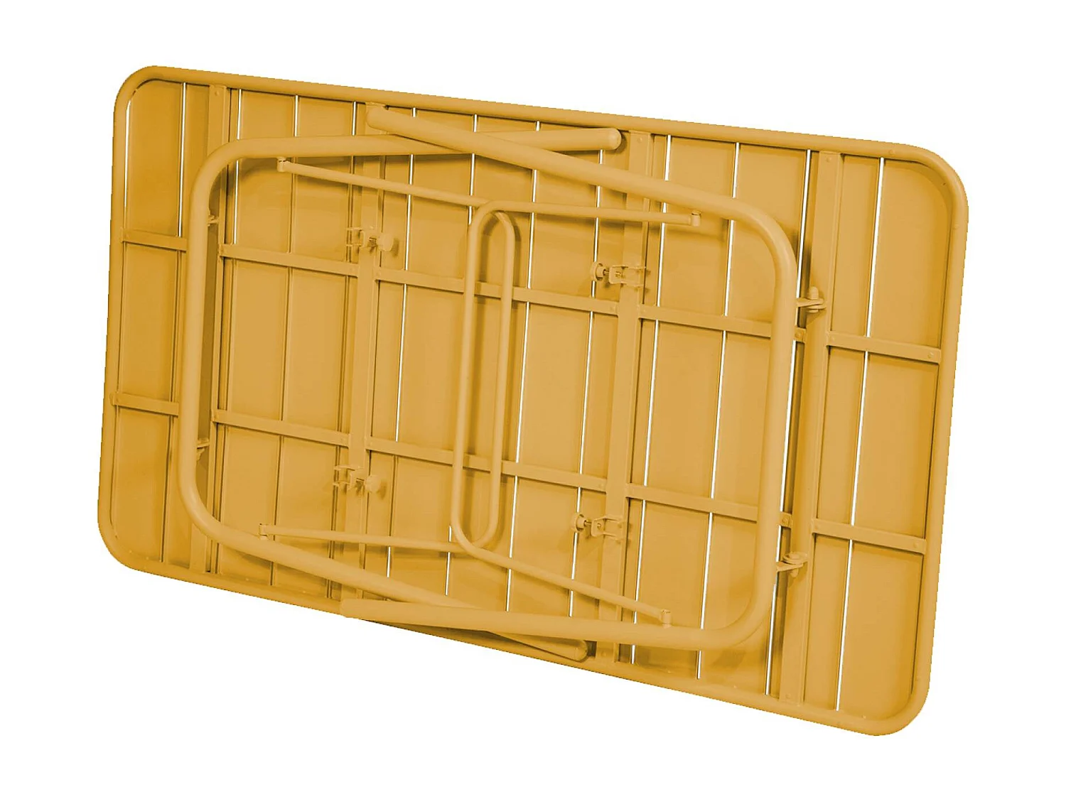 Table de jardin pliante métal 6 places. ocre. Amelia. 140x80cm. traitement antirouille. lattes et bords arrondis