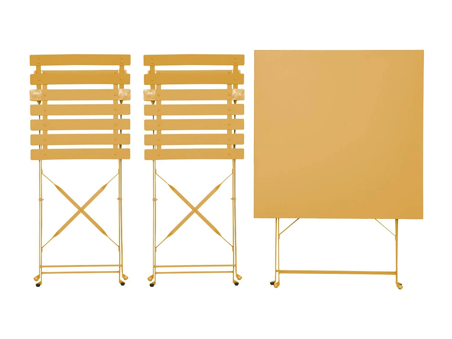 Table de jardin bistrot pliante métal + 2 assises ocre 70 x 70cm. acier thermolaqué