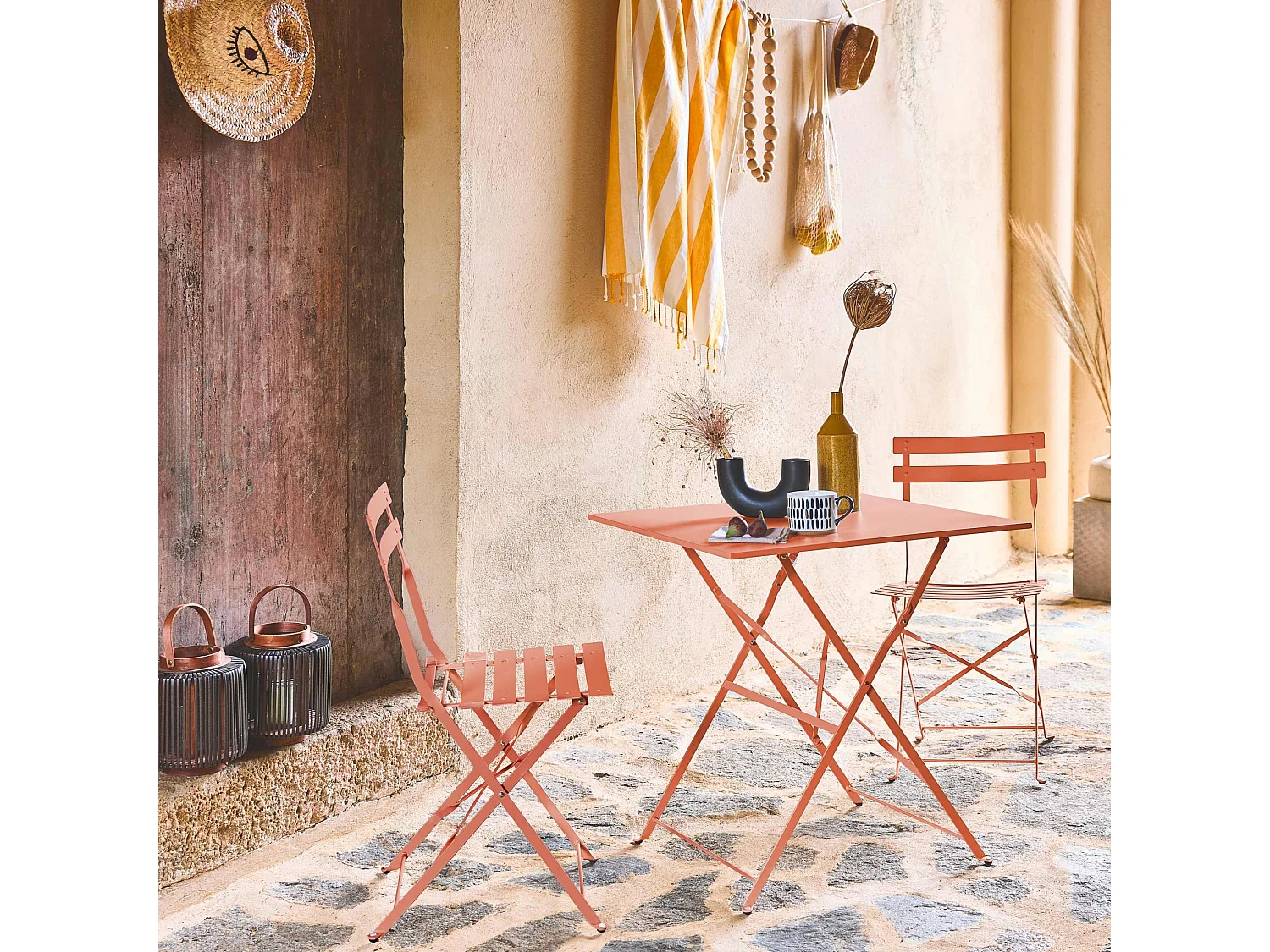 Set mesa de jardín bistró plegable de acero con 2 sillas, 70cm rosa