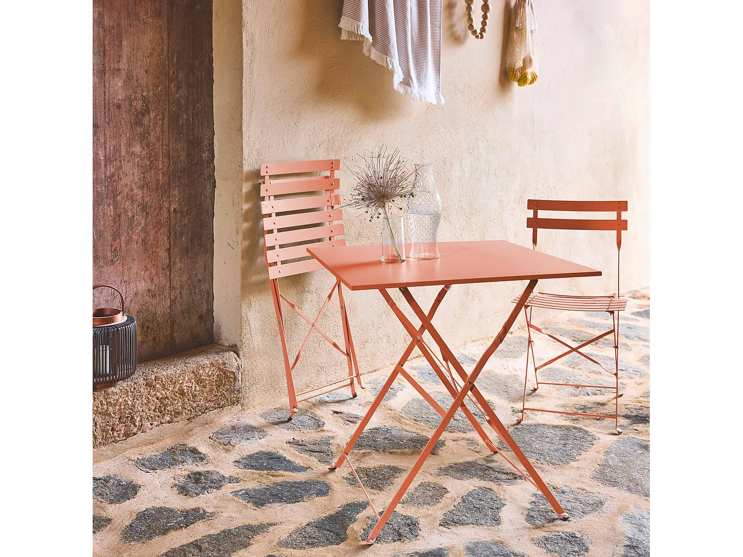 Set mesa de jardín bistró plegable de acero con 2 sillas, 70cm rosa