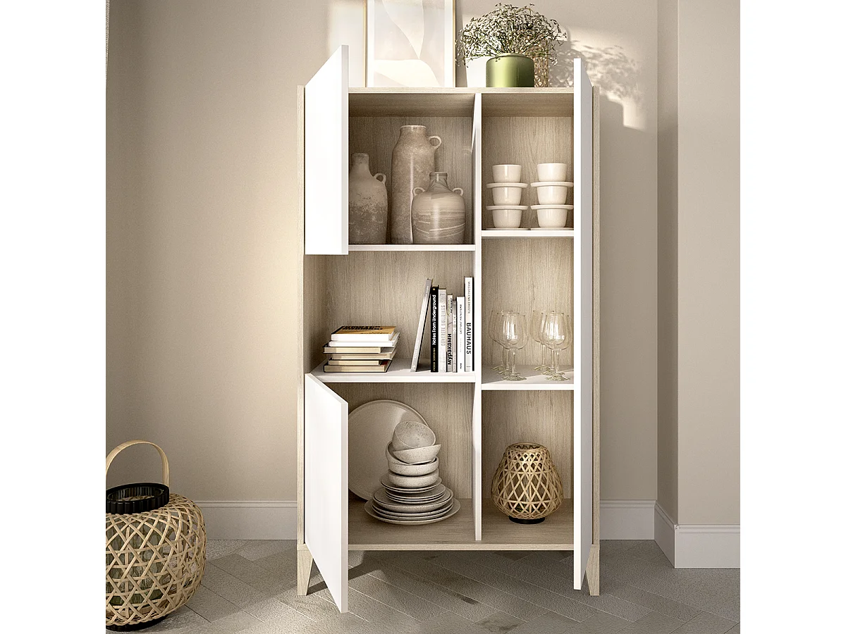 Buffet meuble de rangement à 3 portes et 1 niche, coloris naturel/blanc- Hauteur 137,5 x Longueur 81 x Profondeur 43 cm