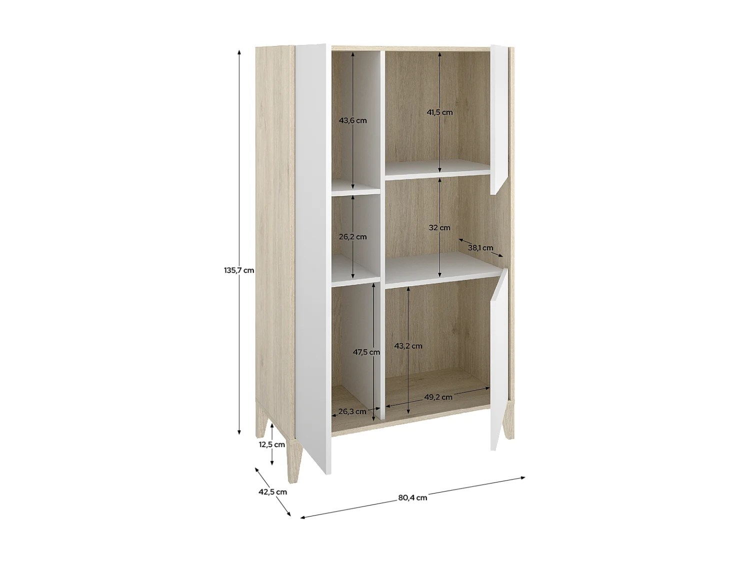 Buffet meuble de rangement à 3 portes et 1 niche, coloris naturel/blanc- Hauteur 137,5 x Longueur 81 x Profondeur 43 cm