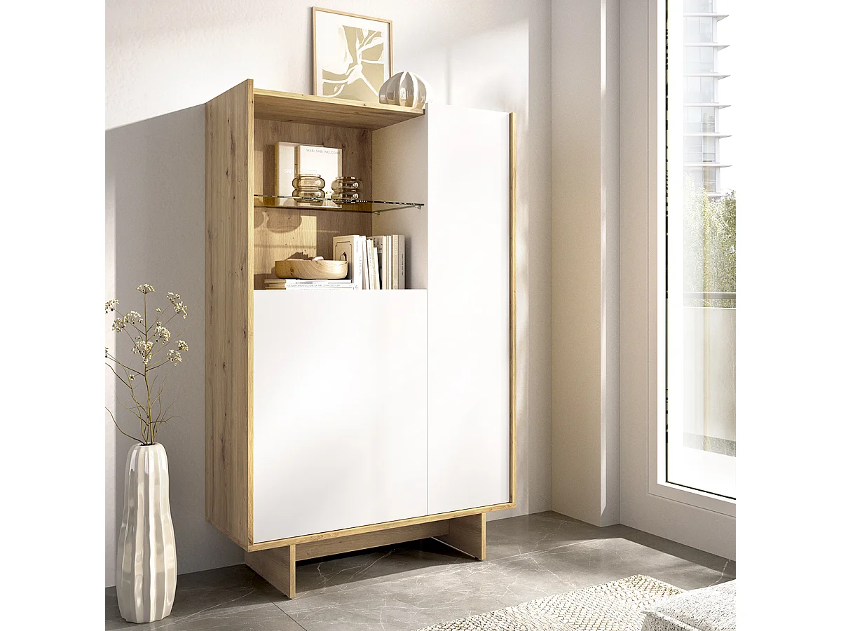 Buffet meuble de rangement vertical à 2 portes et 1 tiroir, chêne sonoma/blanc - Hauteur 137,7 x Longueur 80,5 x Profondeur 30 cm