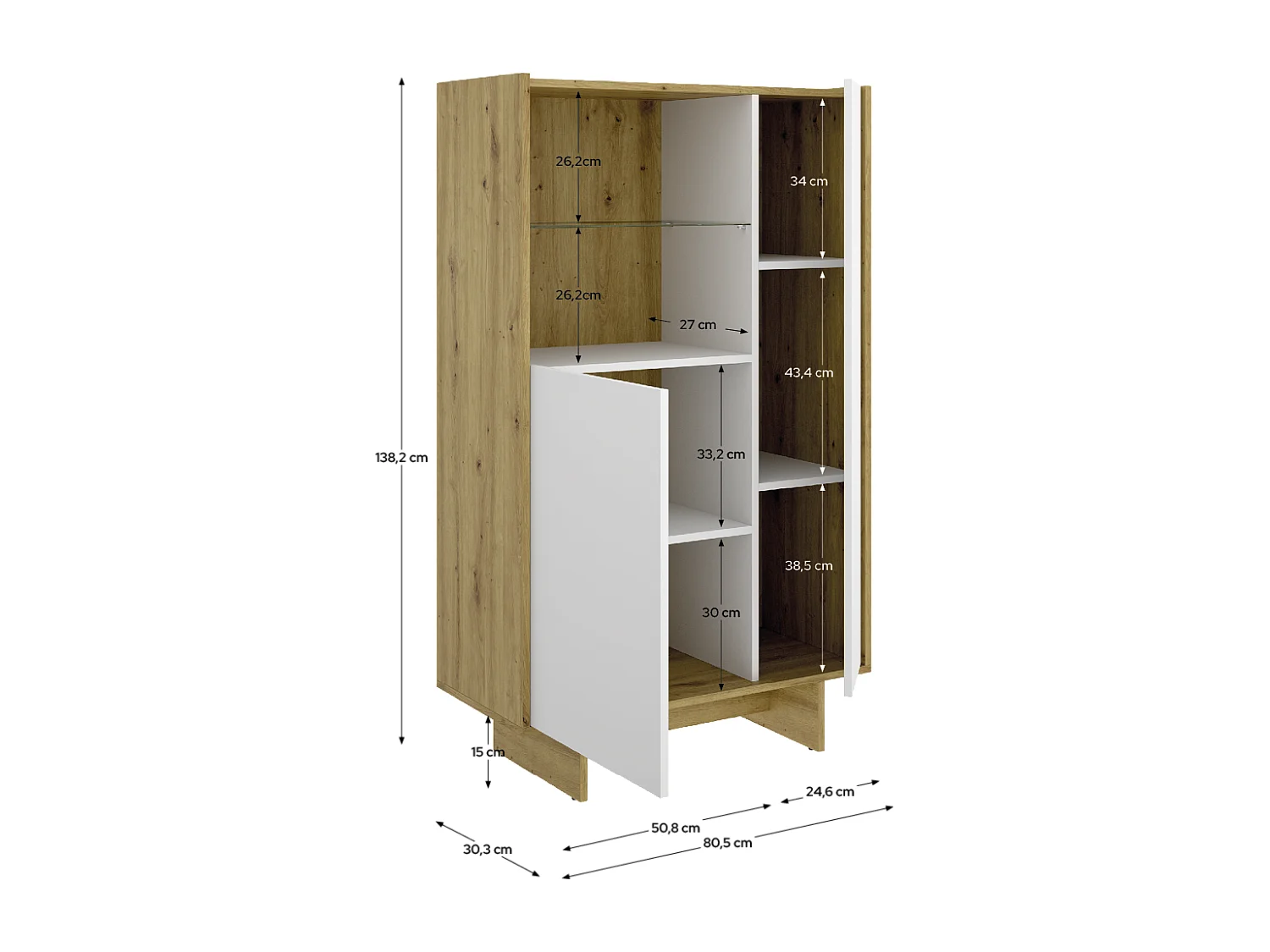 Buffet meuble de rangement vertical à 2 portes et 1 tiroir, chêne sonoma/blanc - Hauteur 137,7 x Longueur 80,5 x Profondeur 30 cm