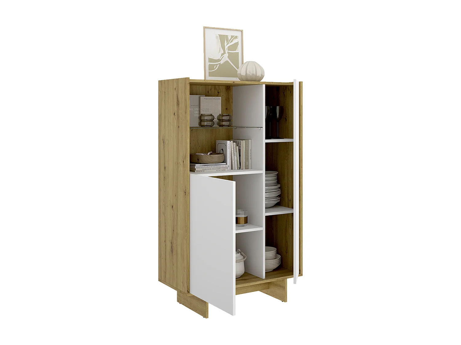Buffet meuble de rangement vertical à 2 portes et 1 tiroir, chêne sonoma/blanc - Hauteur 137,7 x Longueur 80,5 x Profondeur 30 cm