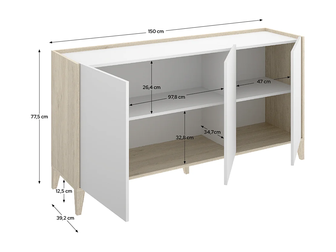 Buffet meuble de rangement à 3 portes,naturel/blanc - Hauteur 77,5 x Longueur 150 x Profondeur 40 cm