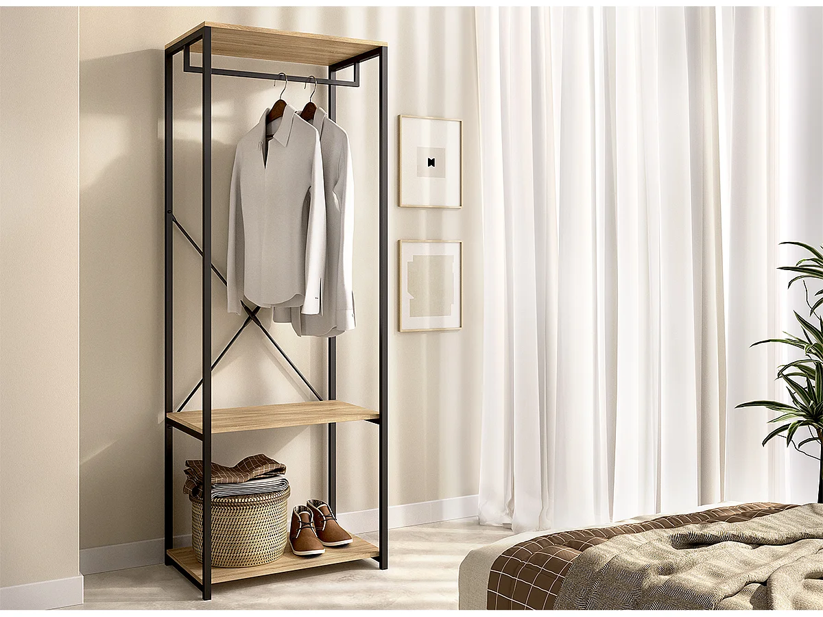 Portant à vêtements de structure métallique avec 2 étagères de rangement, coloris naturel/noir - Hauteur 167 x Longueur 60 x Profondeur 40,4 cm