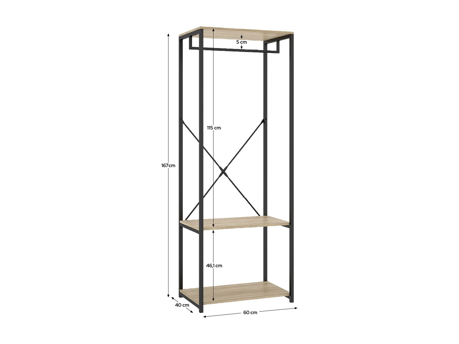 Portant à vêtements de structure métallique avec 2 étagères de rangement, coloris naturel/noir - Hauteur 167 x Longueur 60 x Profondeur 40,4 cm