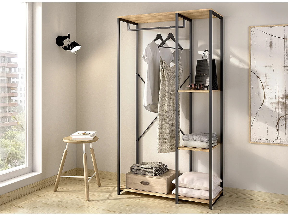 Portant à vêtements de structure métallique avec 3 étagères de rangement, coloris naturel/noir - Hauteur 167 x Longueur 90 x Profondeur 40,4 cm