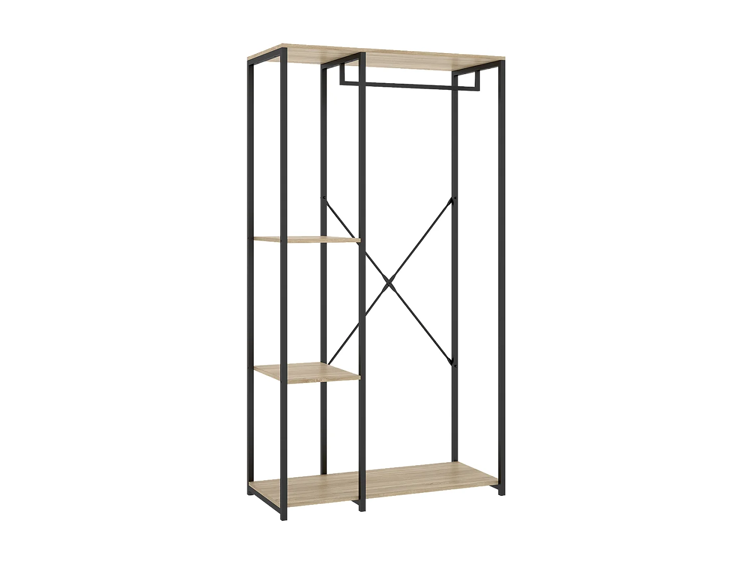 Portant à vêtements de structure métallique avec 3 étagères de rangement, coloris naturel/noir - Hauteur 167 x Longueur 90 x Profondeur 40,4 cm