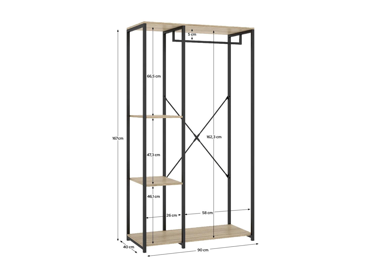 Portant à vêtements de structure métallique avec 3 étagères de rangement, coloris naturel/noir - Hauteur 167 x Longueur 90 x Profondeur 40,4 cm