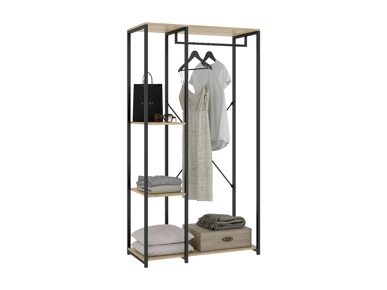 Portant à vêtements de structure métallique avec 3 étagères de rangement, coloris naturel/noir - Hauteur 167 x Longueur 90 x Profondeur 40,4 cm