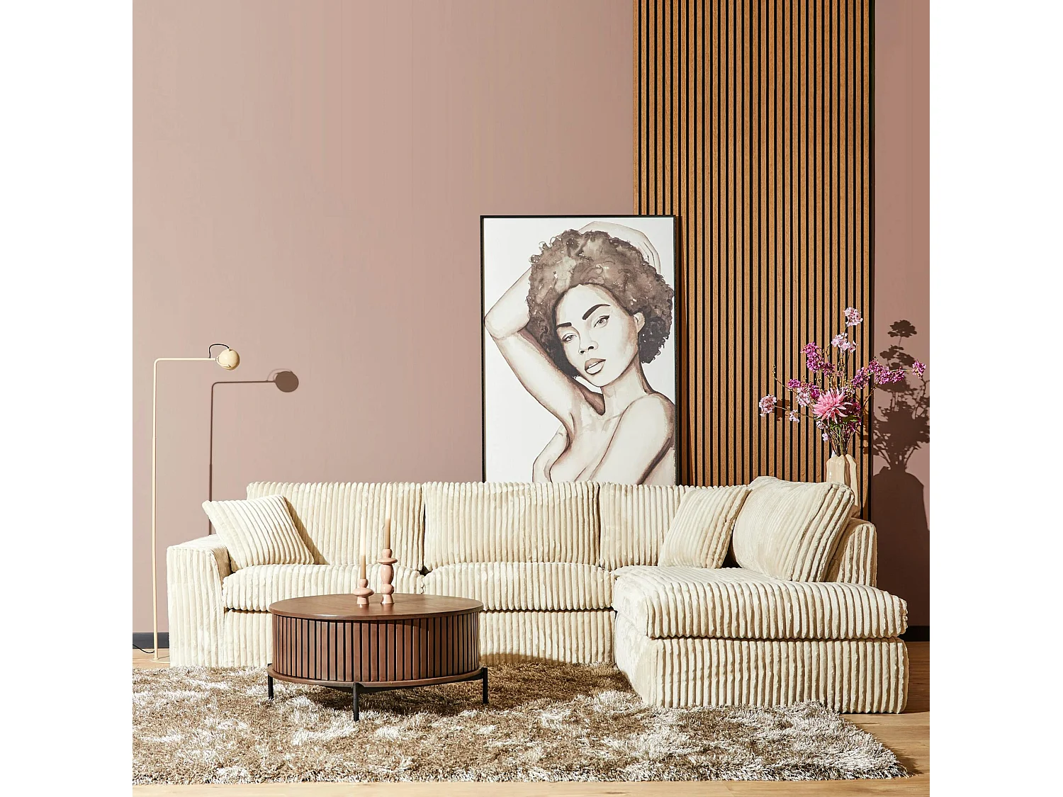 Canapé d'angle beige velours côtelé (côté droit fixe) RIVOLI