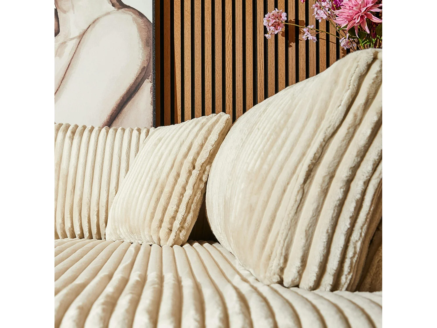 Canapé d'angle beige velours côtelé (côté droit fixe) RIVOLI