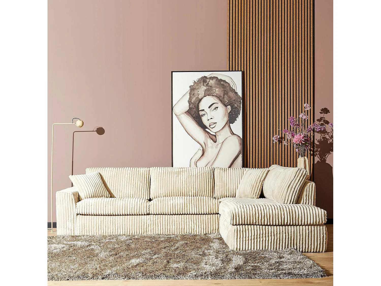 Canapé d'angle beige velours côtelé (côté droit fixe) RIVOLI