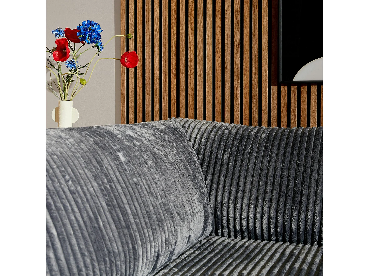 Canapé d'angle gris foncé velours côtelé (côté droit fixe) RIVOLI