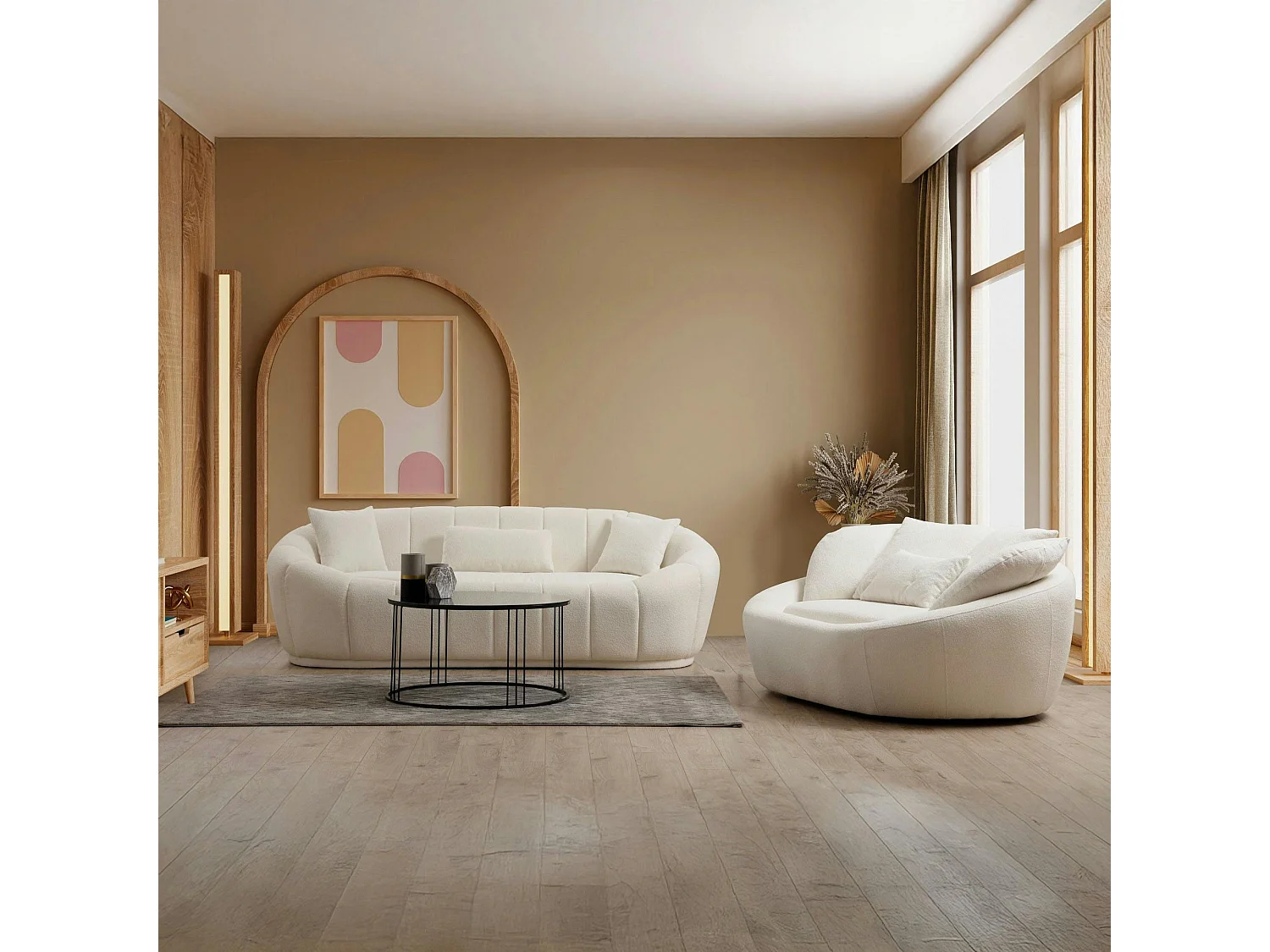 Canapé en bouclette blanc design organique 155 cm LUCCA