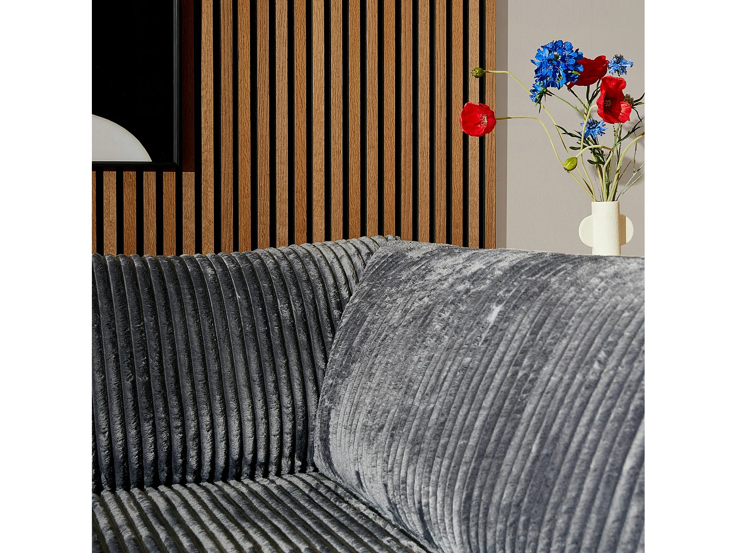 Canapé d'angle gris foncé velours côtelé (côté gauche fixe) RIVOLI