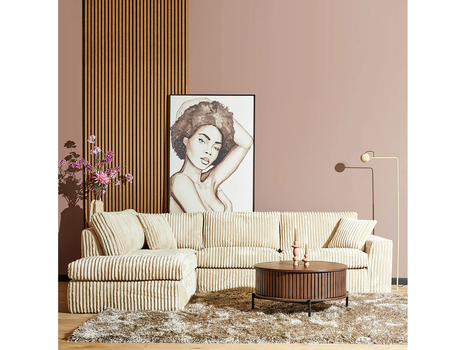 Canapé d'angle beige velours côtelé (côté gauche fixe) RIVOLI