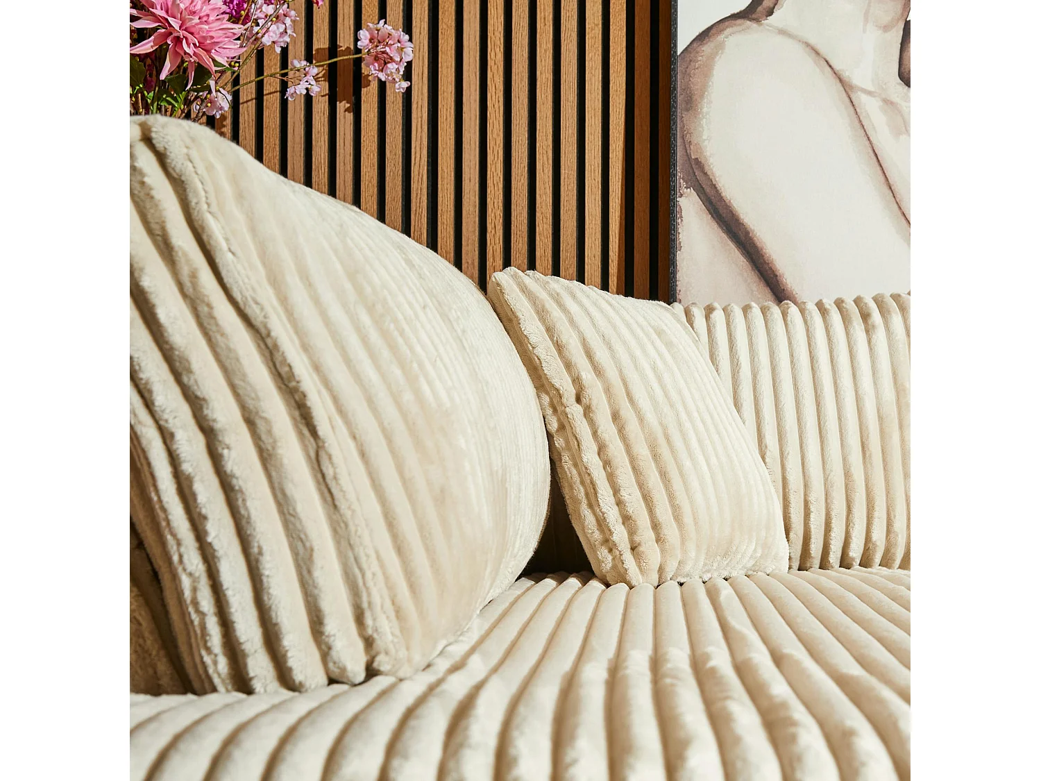 Canapé d'angle beige velours côtelé (côté gauche fixe) RIVOLI