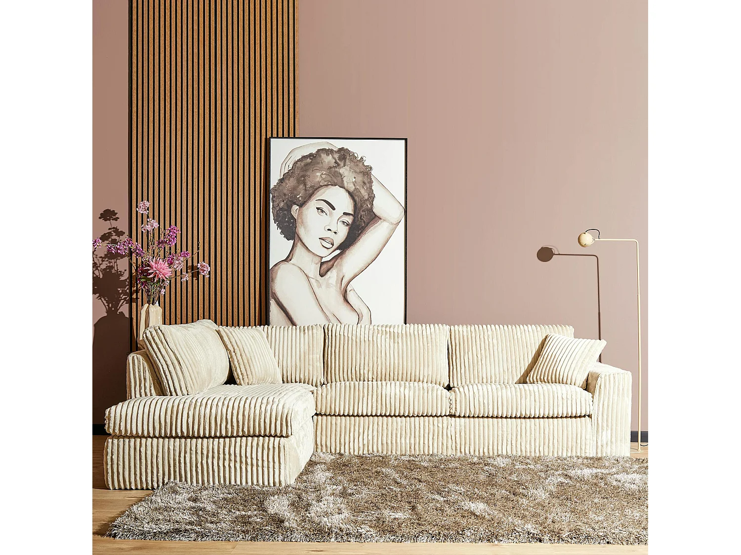 Canapé d'angle beige velours côtelé (côté gauche fixe) RIVOLI